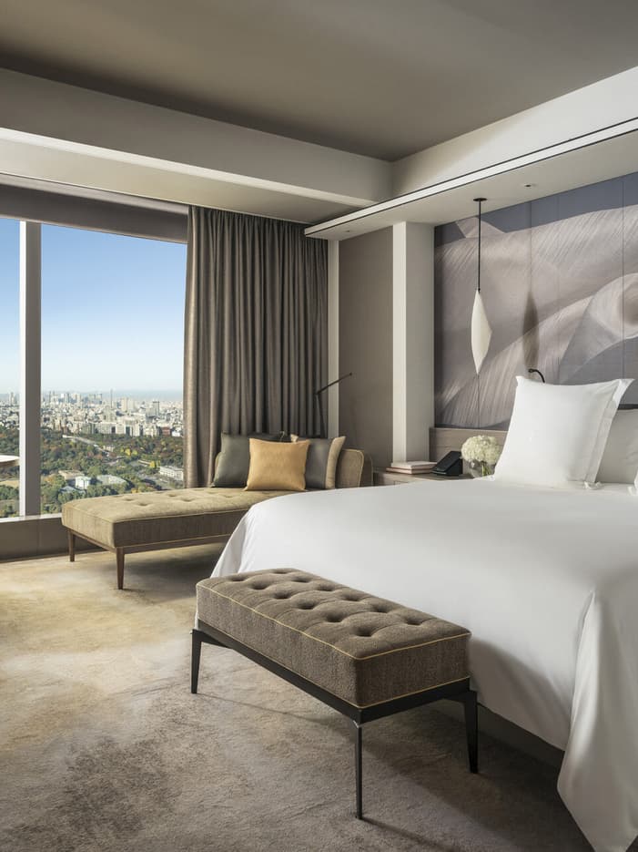 Garden-view king room at Four Seasons Hotel Tokyo at Otemachi facing the Imperial Palace gardens