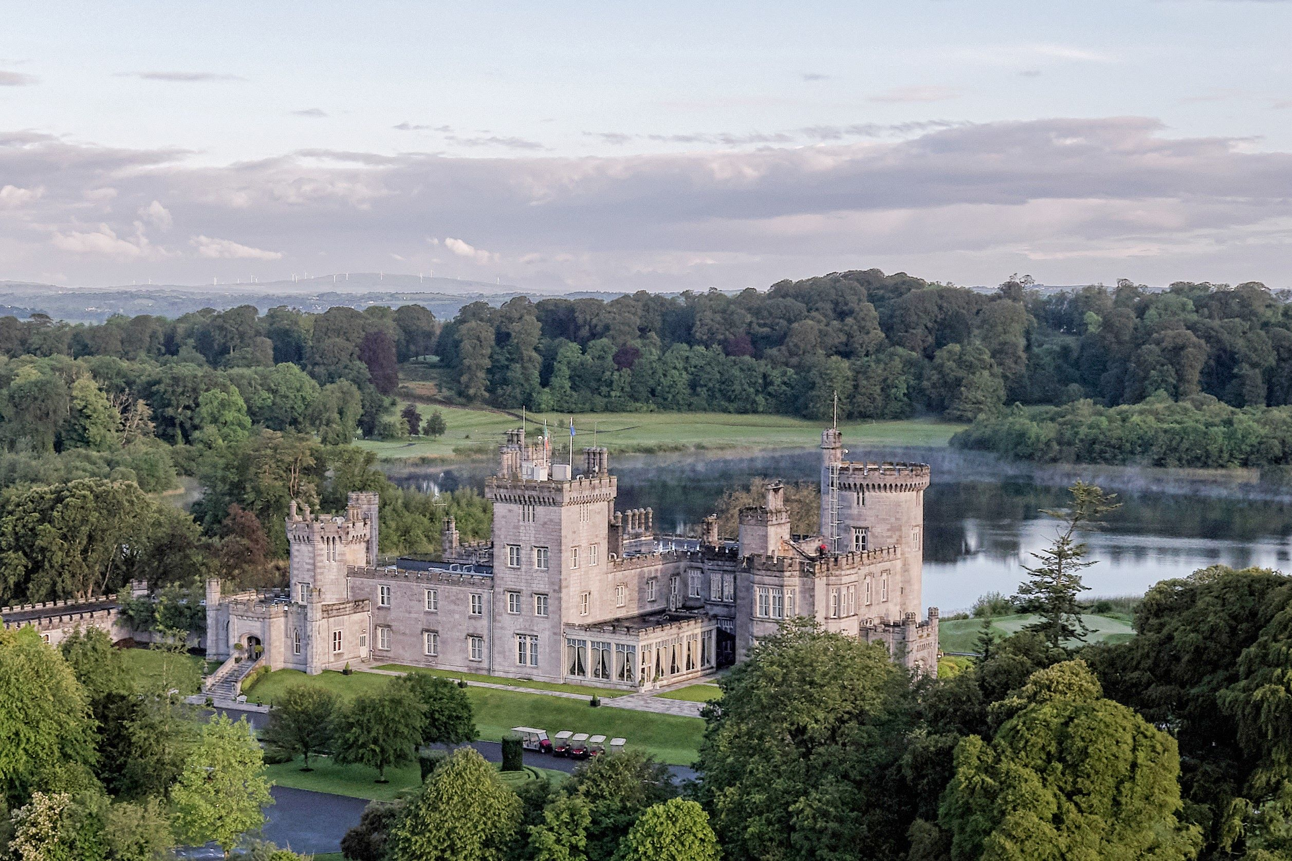 Dromoland Castle aerial view with lake, County Clare, Ireland