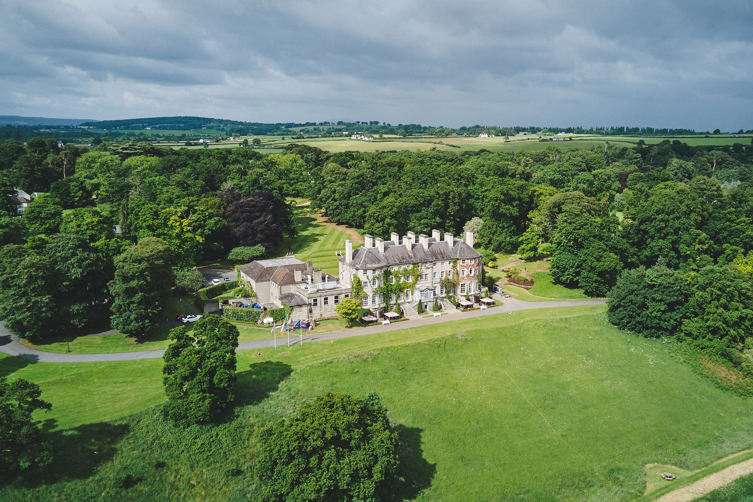 Mount Juliet Estate aerial view of Georgian manor in parkland, Thomastown, County Kilkenny