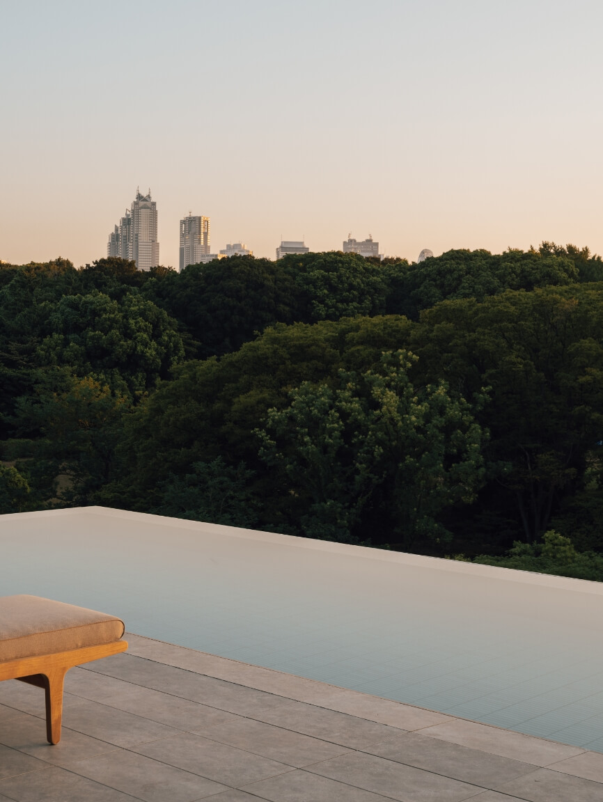 Rooftop infinity pool at TRUNK(HOTEL) YOYOGI PARK above the treeline of Yoyogi Park