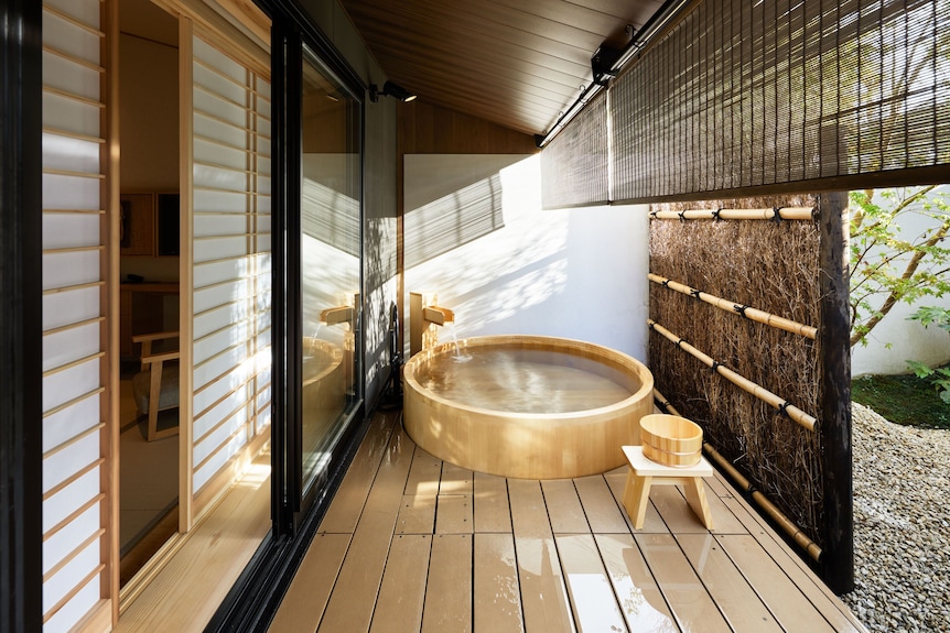Private cypress hinoki tub at Onsen Ryokan Yuen Bettei Daita