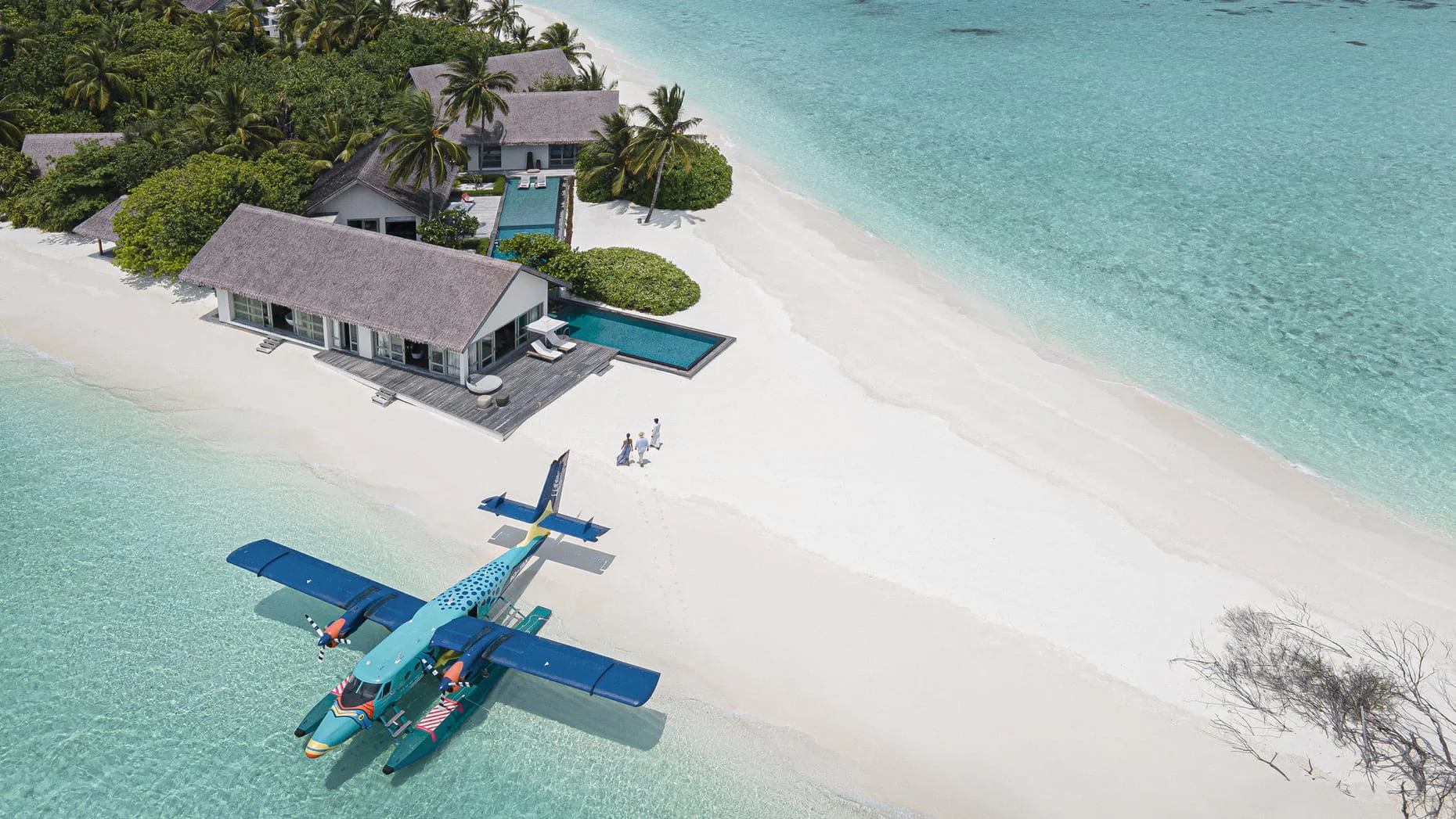 Aerial of Four Seasons Voavah private-island resort, Baa Atoll